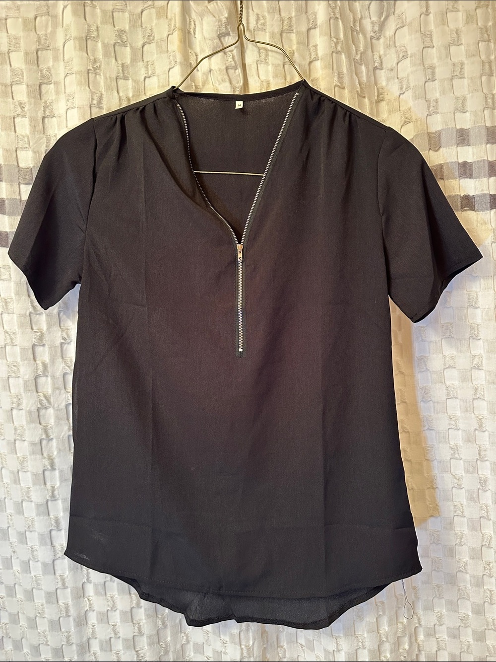 Women's Black Short-Sleeve Zip V-Neck Top